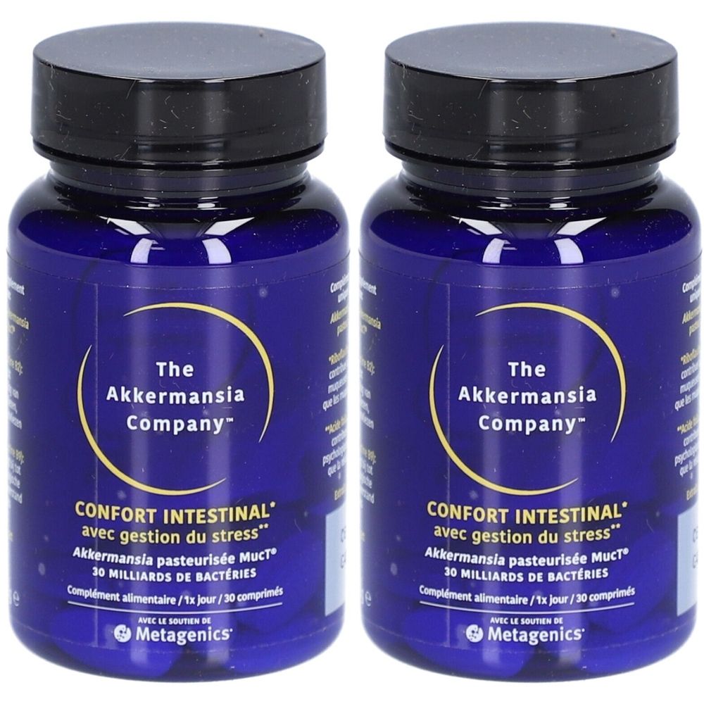 Zwei blaue Flaschen mit schwarzem Deckel. Aufschrift: The Akkermansia Company, Darmcomfort mit Stressmanagement.