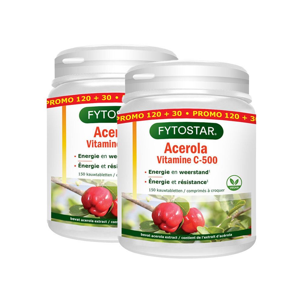 Deux flacons blancs de Fytostar Acerola Vitamine C-500. Inscription : Énergie et résistance. Label végétalien.
