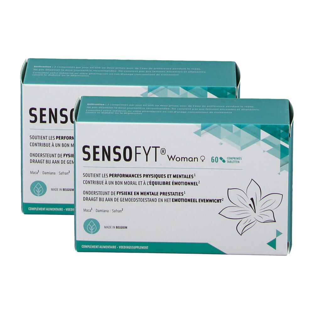 Deux boîtes de Sensofyt Woman. Emballage turquoise et blanc avec nom du produit et motif floral. Contient 60% de la dose journalière recommandée.