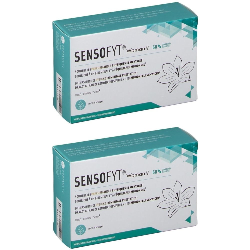 Zwei Schachteln Sensofyt Woman. Türkis-weiße Verpackung mit Produktnamen und floralem Motiv. Enthält 60% der empfohlenen Tagesdosis.