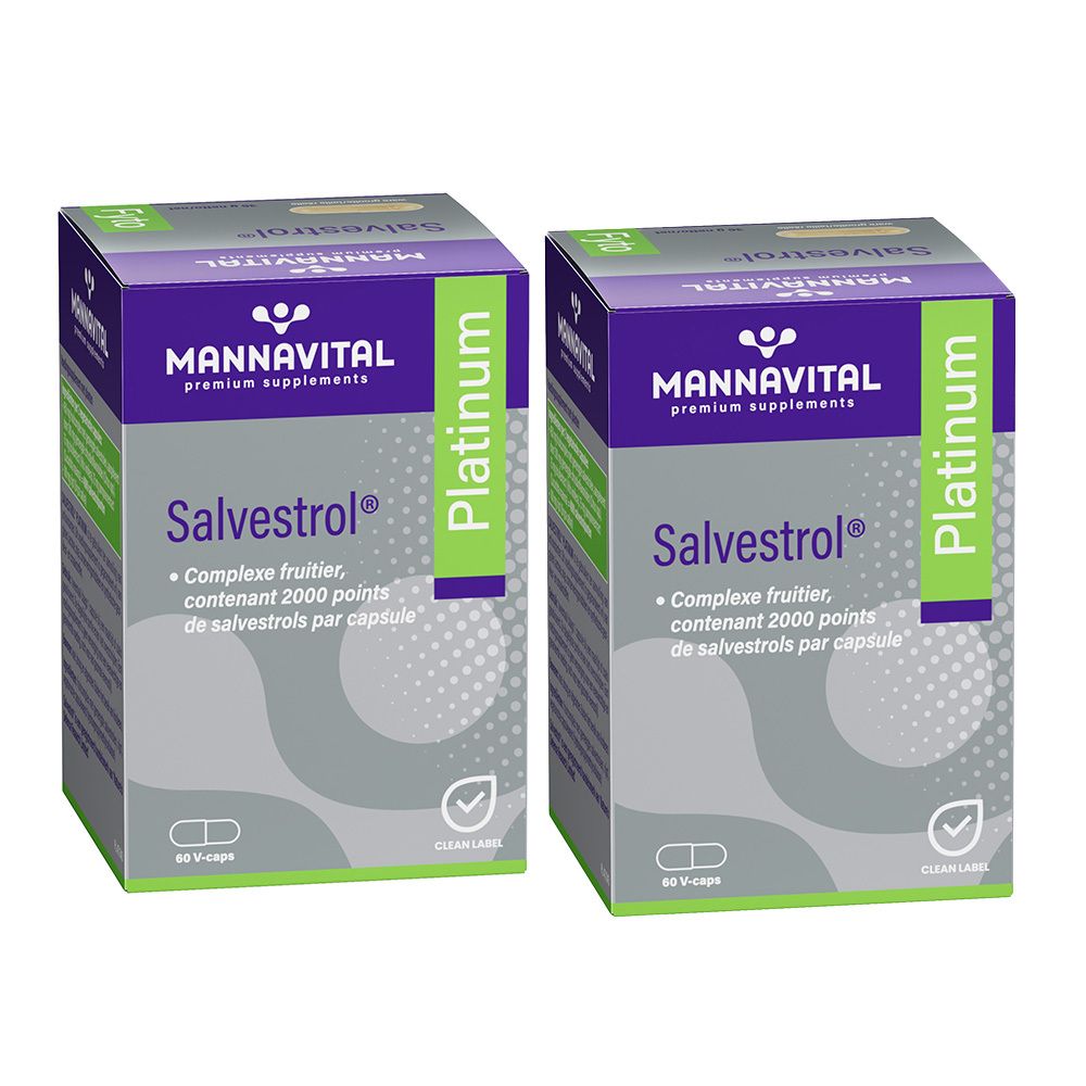 Twee dozen met paarse en groene accenten. Opschrift: Mannavital Salvestrol Platinum. Fruitcomplex, 60 V-caps.