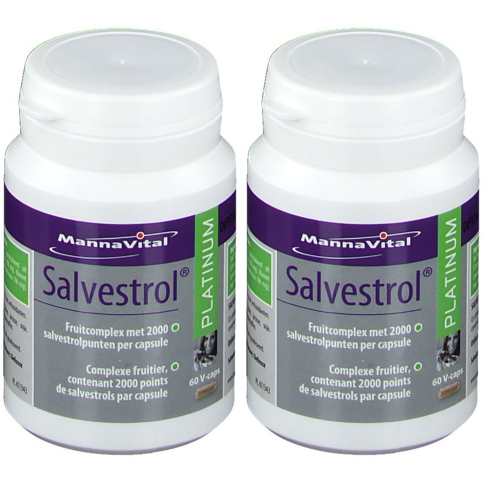 Twee witte flessen met paarse etiketten. Opschrift: Mannavital Salvestrol Platinum. Fruitcomplex, 60 V-caps.