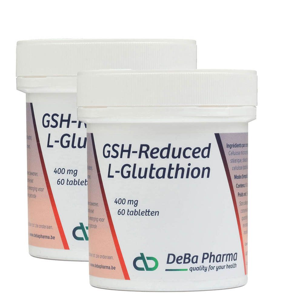 Deux flacons blancs avec étiquettes. Inscription : GSH-Reduced L-Glutathion, 400 mg, 60 comprimés. Logo DeBa Pharma.