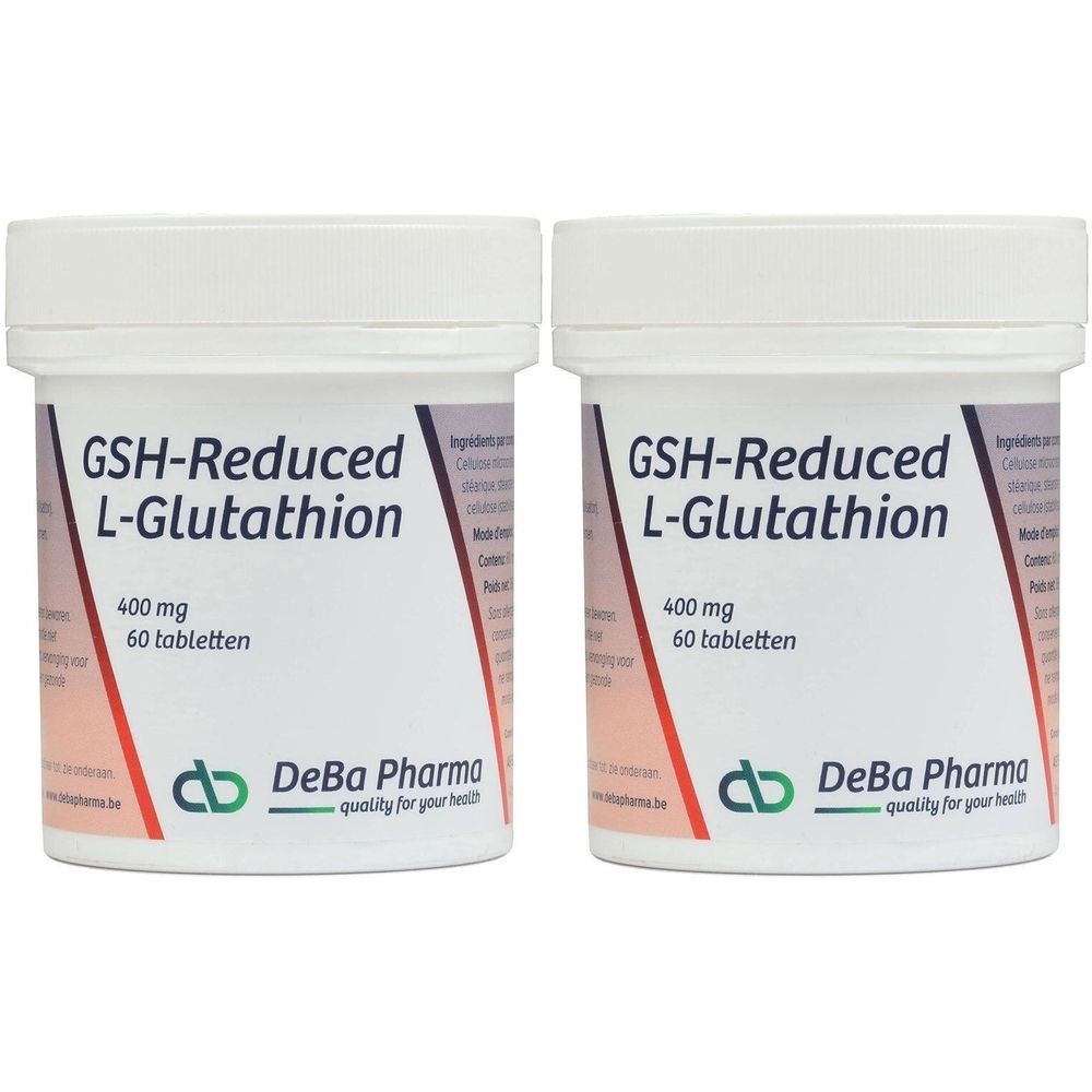 Deux flacons blancs avec étiquettes. Inscription : GSH-Reduced L-Glutathion, 400 mg, 60 comprimés. Logo DeBa Pharma.