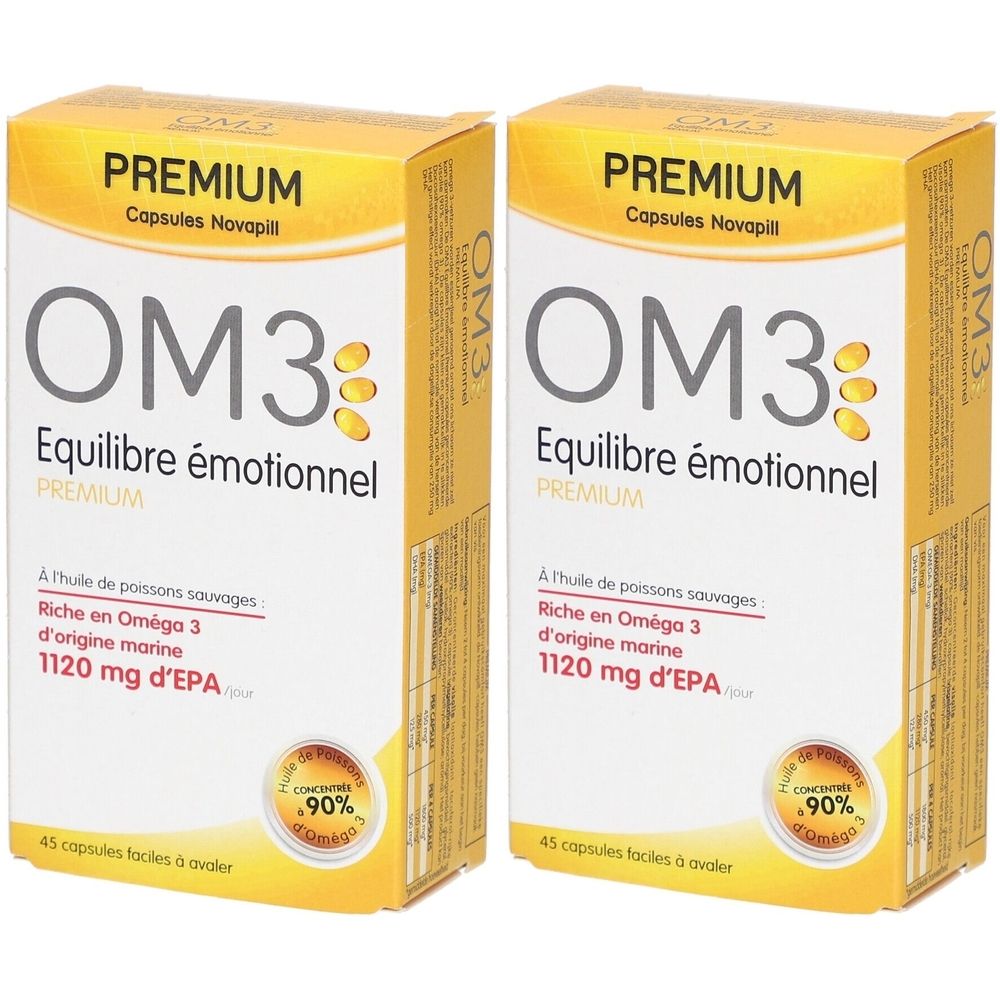 Zwei Packungen Premium Novapill® OM3. Gelbe Schachteln mit weißer Schrift. Aufschrift: OM3 Equilibre émotionnel®.