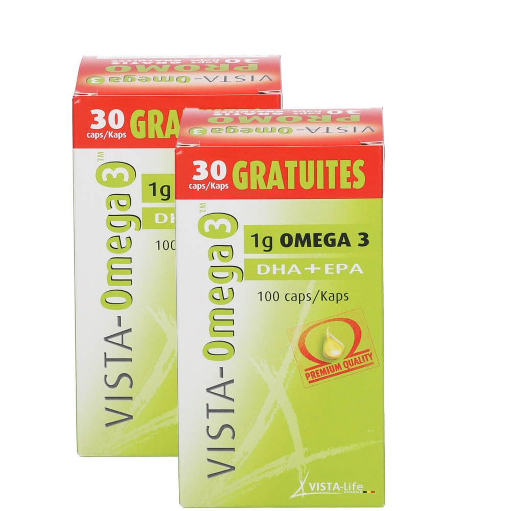 Twee verpakkingen met VISTA-Omega 3. Opschrift: 30 GRATUITES, 1g Omega 3, DHA+EPA, 100 caps/Kaps. Rood en groen design.