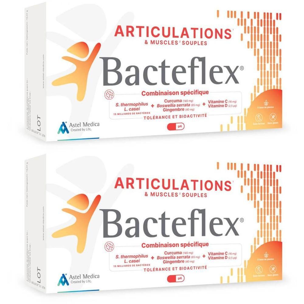 Deux boîtes de Bacteflex® pour articulations, muscles et tendons. Contient 90 gélules.