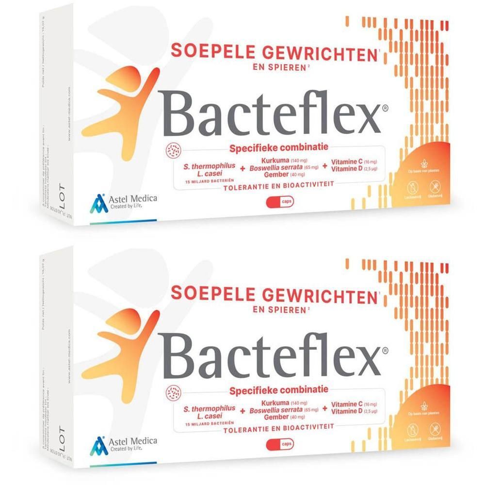 Twee verpakkingen Bacteflex® voor gewrichten, spieren en pezen. Bevat 90 capsules.