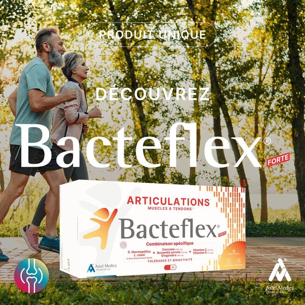 Boîte de Bacteflex® pour articulations, muscles et tendons. Contient 90 gélules.