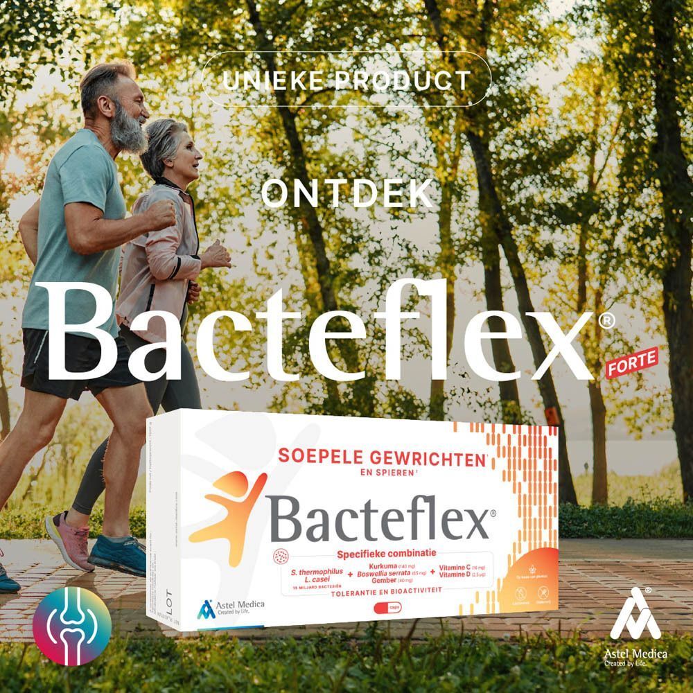 Verpakking Bacteflex® voor gewrichten, spieren en pezen. Bevat 90 capsules.