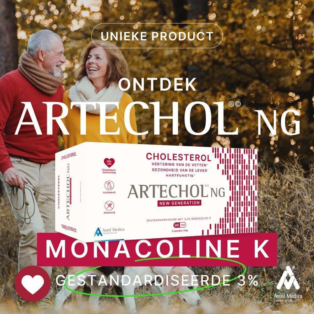 Reclame voor Artechol® NG. Mensen buiten. Opschrift: Ontdek Artechol® NG, Monacoline K, Gestandaardiseerde 3%.