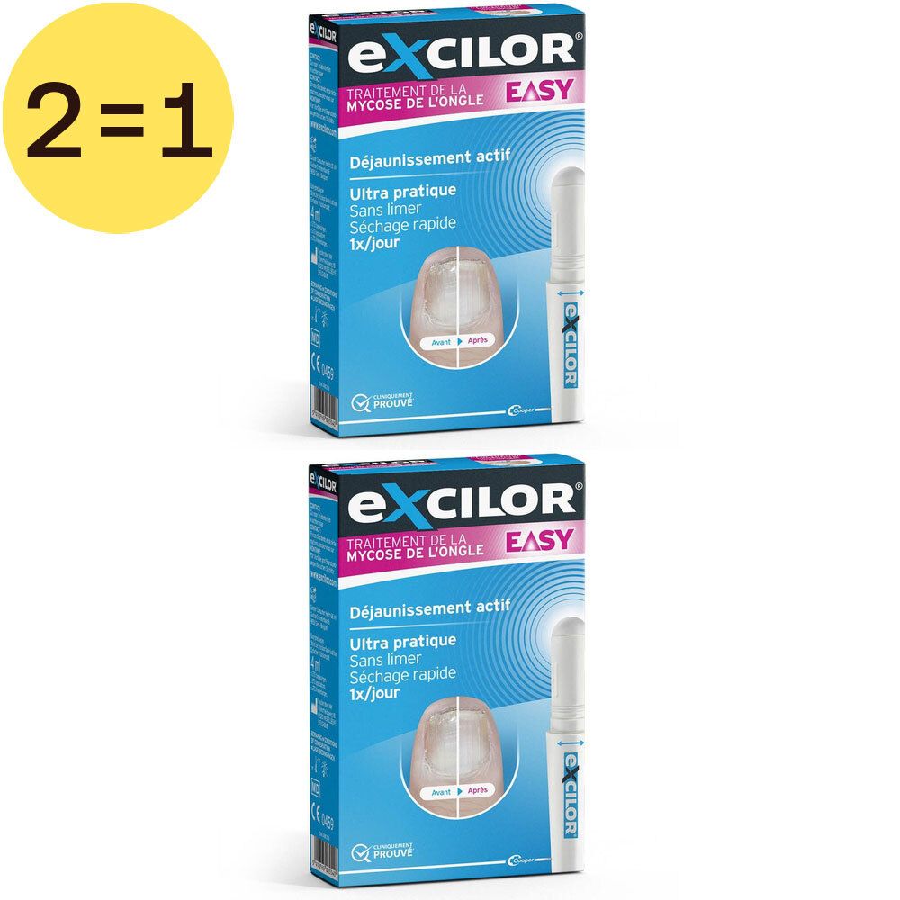 Deux boîtes de produit et un applicateur. Le nom "Excilor Easy" est visible sur l'emballage.