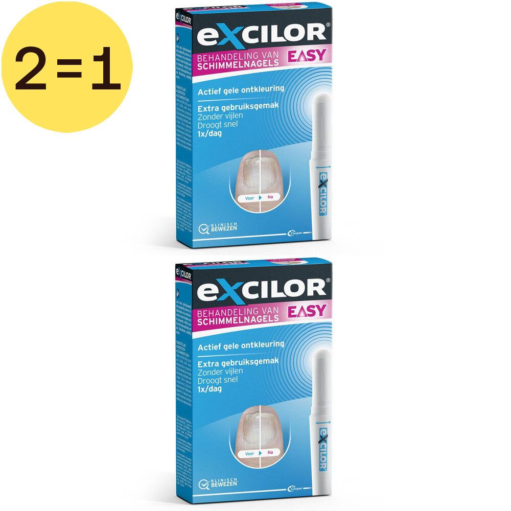 Twee productverpakkingen en een applicator. De naam "Excilor Easy" is zichtbaar op de verpakking.