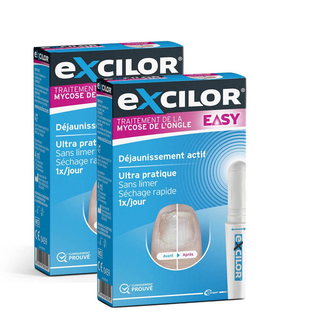 Deux boîtes de produit et un applicateur. Le nom "Excilor Easy" est visible sur l'emballage.