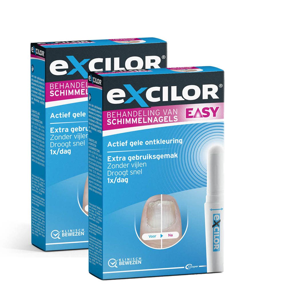 Twee productverpakkingen en een applicator. De naam "Excilor Easy" is zichtbaar op de verpakking.