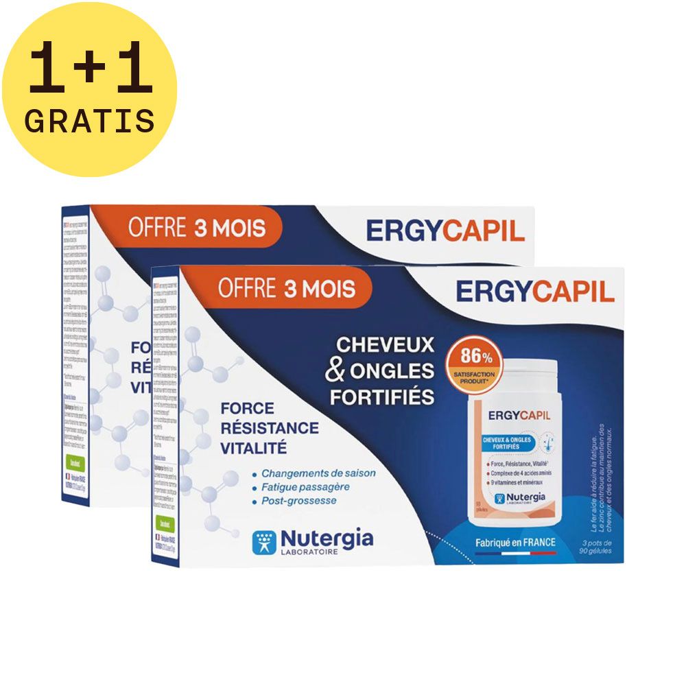 Twee dozen Ergycapil TRIO. Opschrift: Haar & Nagels, Kracht, Weerstand, Vitaliteit. Merk Nutergia. Bevat capsules.