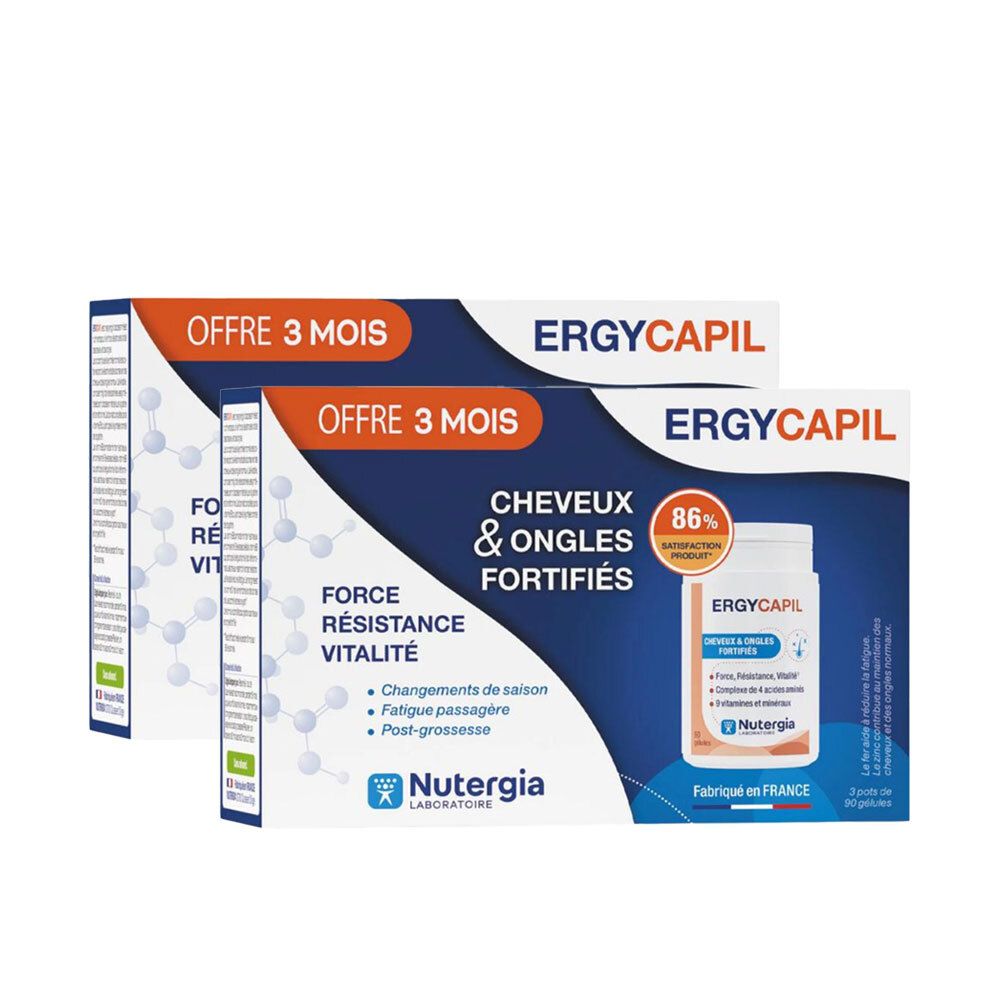 Twee dozen Ergycapil TRIO. Opschrift: Haar & Nagels, Kracht, Weerstand, Vitaliteit. Merk Nutergia. Bevat capsules.