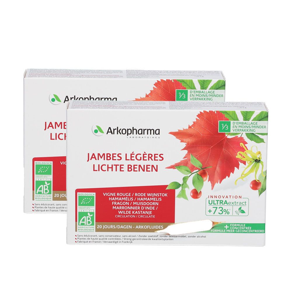 Twee dozen 'Jambes Légères' en 'Arkopharma'. Rood blad ontwerp. Bio-certificering. Sticker '1+1 GRATUIT'.