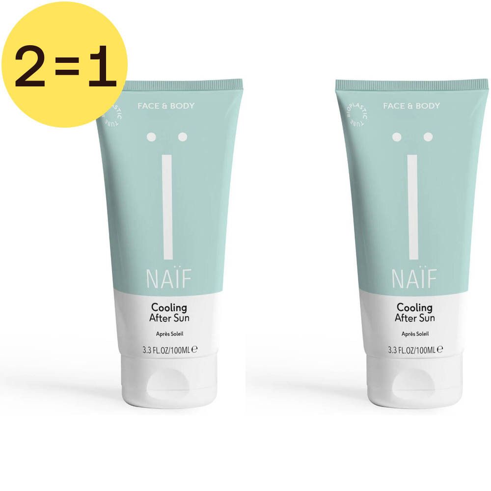 Zwei Tuben Naïf Cooling After Sun. Hellblaue Tuben mit weißer Schrift. Oben links: 2=1-Aufkleber.