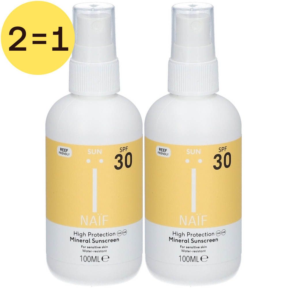 Zwei weiße Sprühflaschen mit gelben Etiketten. Aufschrift: SPF 30, Naïf, Mineral Sunscreen. Gelbes 2=1-Label.