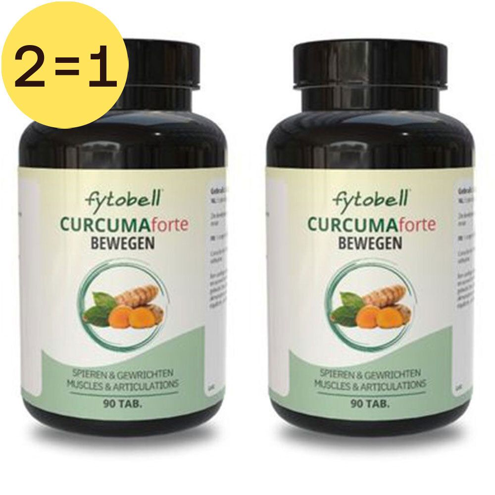 Twee flessen Fytobell Curcuma Forte. Zwarte doppen, groene etiketten met productnaam, afbeelding van kurkuma en bladeren. 2=1 sticker.
