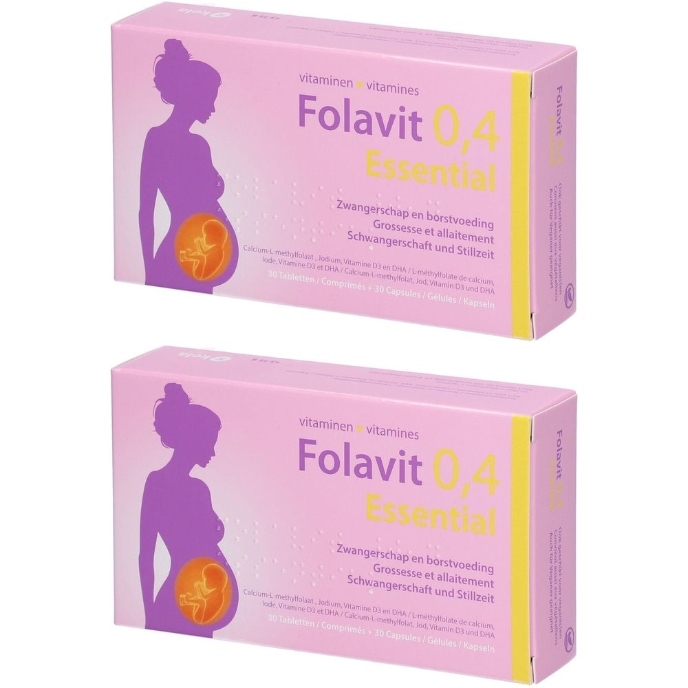 Zwei rosa Schachteln mit Produktaufdruck. Aufdruck: Folavit 0,4 Essential, Schwangerschaft und Stillzeit. Abbildung einer schwangeren Frau.