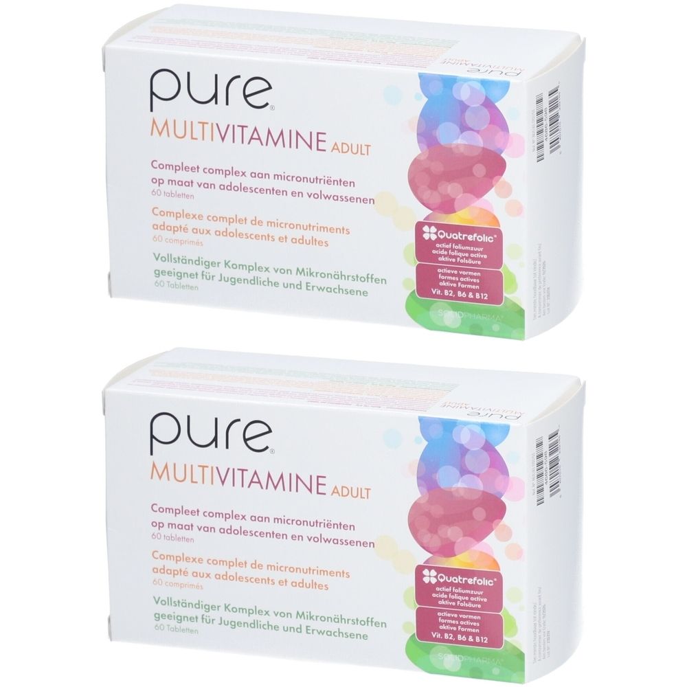 Zwei Packungen pure® Multivitamine Adult. Weiße Schachteln mit Produktnamen und bunten Grafiken. 60 Tabletten.