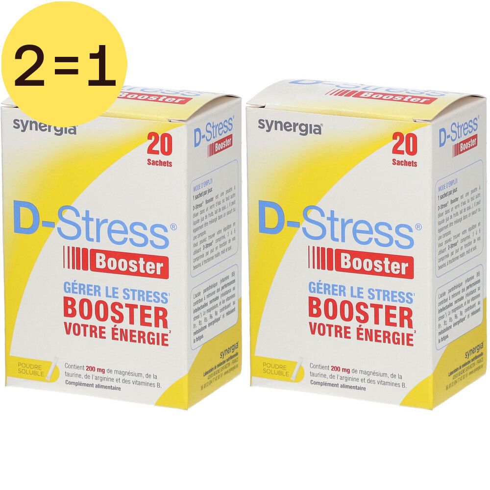Deux boîtes de D-Stress Booster Poudre. Inscription 1+1 GRATUIT. Contient 20 sachets. Marque: Synergia.