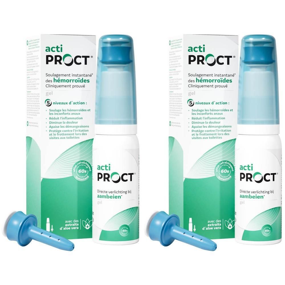 Deux paquets de gel Acti-Proct avec applicateurs.
