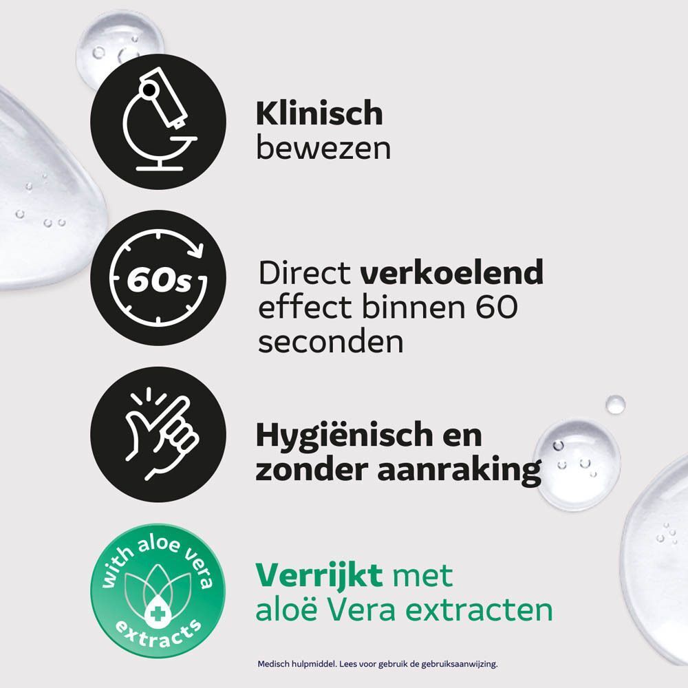 Infographic met iconen voor klinisch bewezen, effect binnen 60 seconden en hygiënisch gebruik.