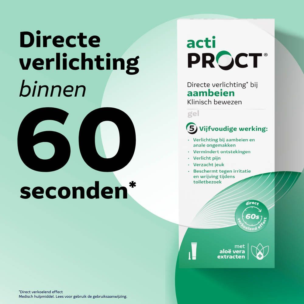 Acti-Proct gel voor aambeien, met aloë vera, snelle en hygiënische werking.