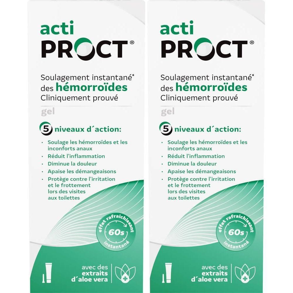 Deux paquets de gel ActiProct pour le soulagement des hémorroïdes à l'aloe vera.