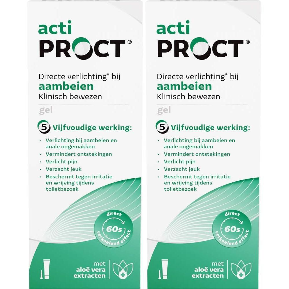 Twee ActiProct Gel verpakkingen voor verlichting van aambeien.