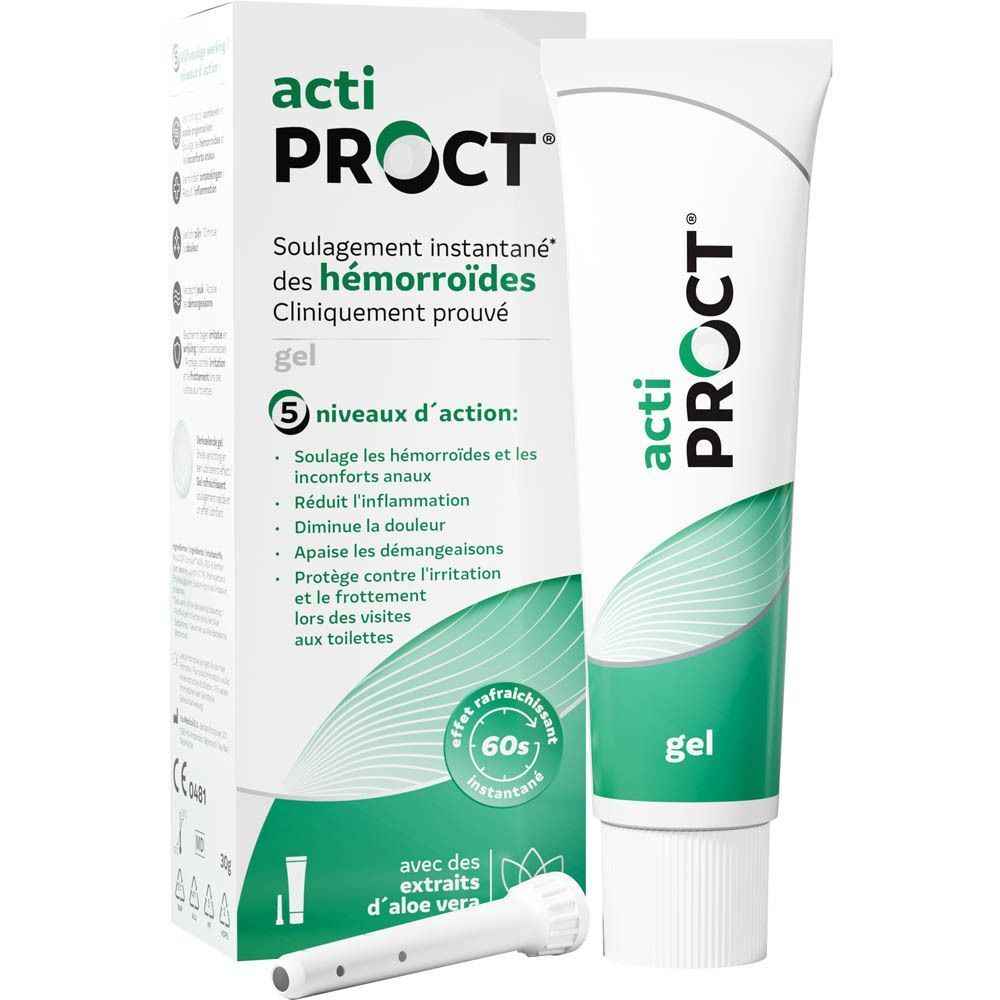 Tube et boîte d'ActiProct Gel pour le soulagement des hémorroïdes.
