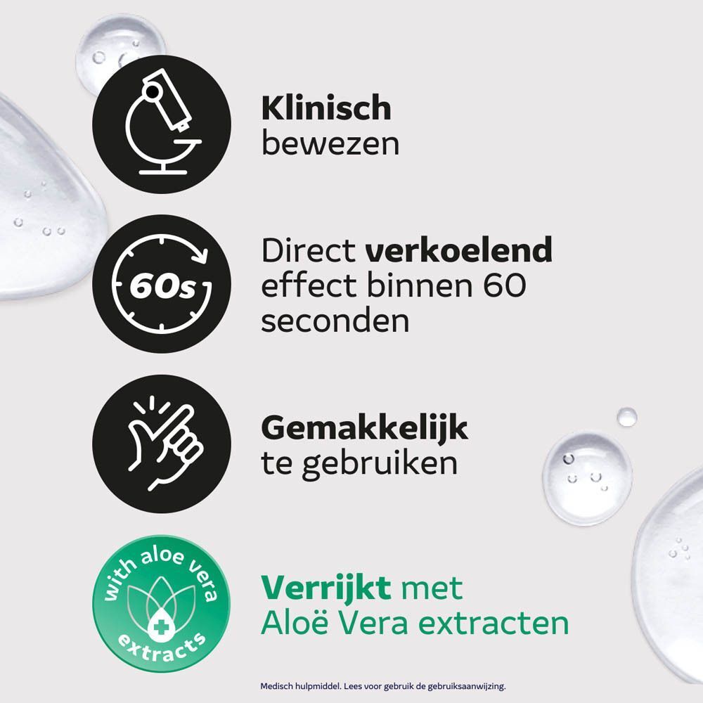 Infographic met drie iconen: microscoop ('Klinisch bewezen'), stopwatch ('Direct verkoelend effect binnen 60 seconden'), hand ('Gemakkelijk te gebruiken'). Onder: 'Verrijkt met Aloë Vera extracten'.
