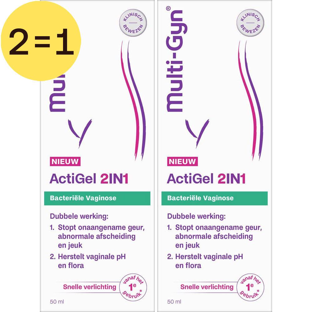Twee verpakkingen Multi-Gyn ActiGel 2IN1. Opschrift: Bacteriële Vaginose. Met 1+1 gratis sticker.