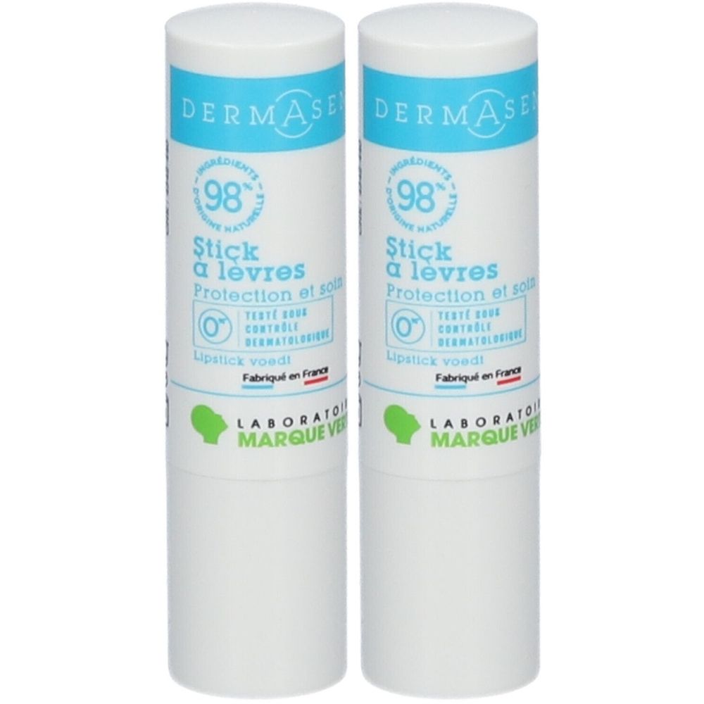 Twee DermaSe Lippenbalsem Protection et Soleil in witte houders.