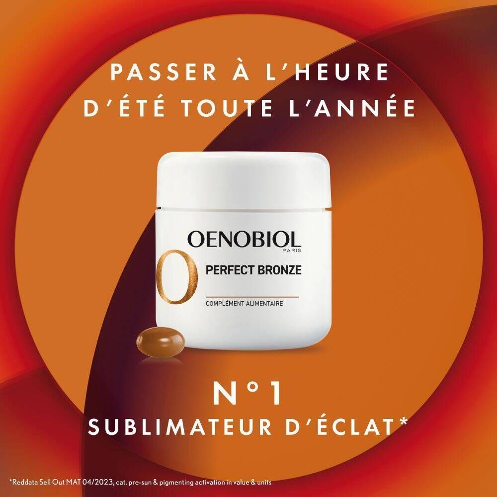 Pot Oenobiol Perfect Bronze avec une gélule. Texte : Complément alimentaire. N°1.
