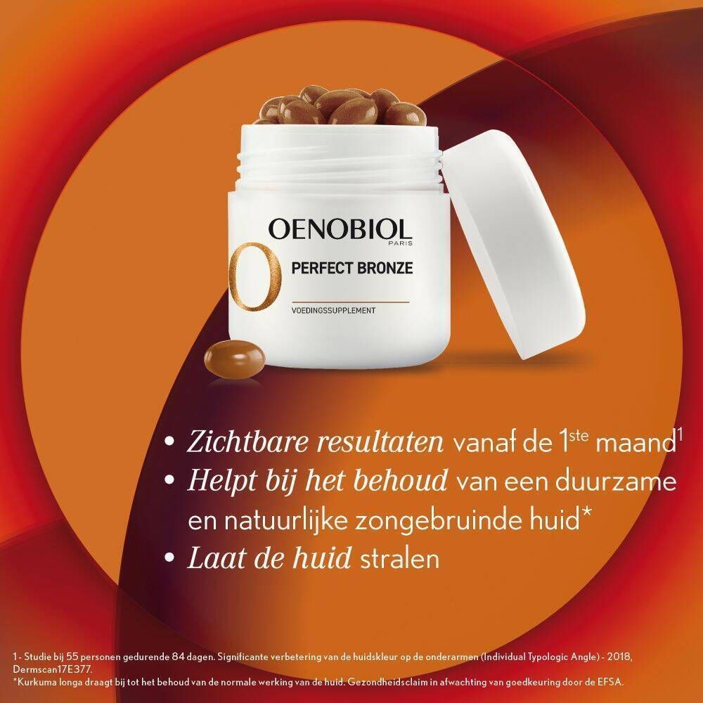 Geopend potje Oenobiol Perfect Bronze met capsules. Tekst: Voedingssupplement. Voordelen.