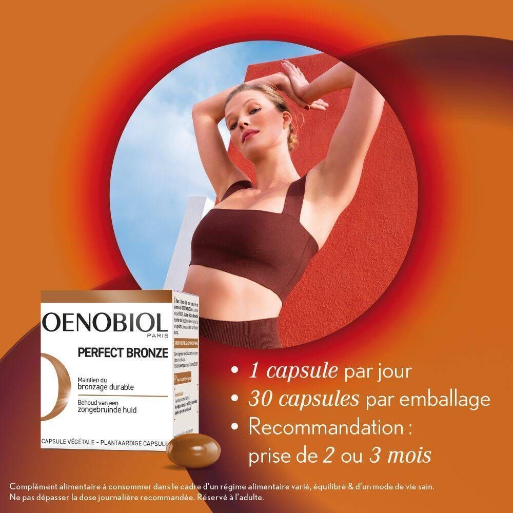 Femme bronzée à côté d'Oenobiol Perfect Bronze. Texte : 1 gélule par jour, 30 gélules par emballage.