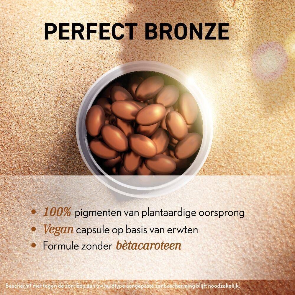 Oenobiol Perfect Bronze capsules in een bakje. Tekst: 100% plantaardige pigmenten, vegan.