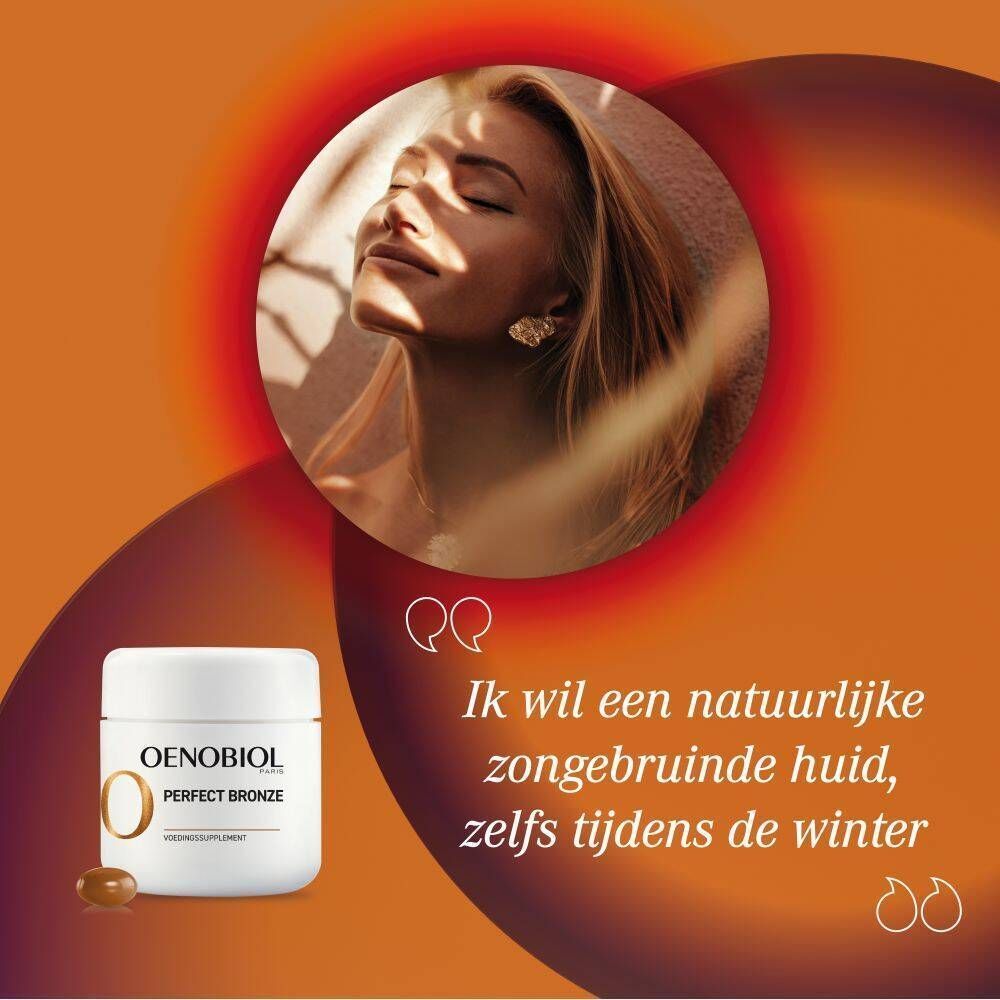 Gekleurde vrouw naast Oenobiol Perfect Bronze. Citaat: Ik wil een natuurlijke gebruinde huid.