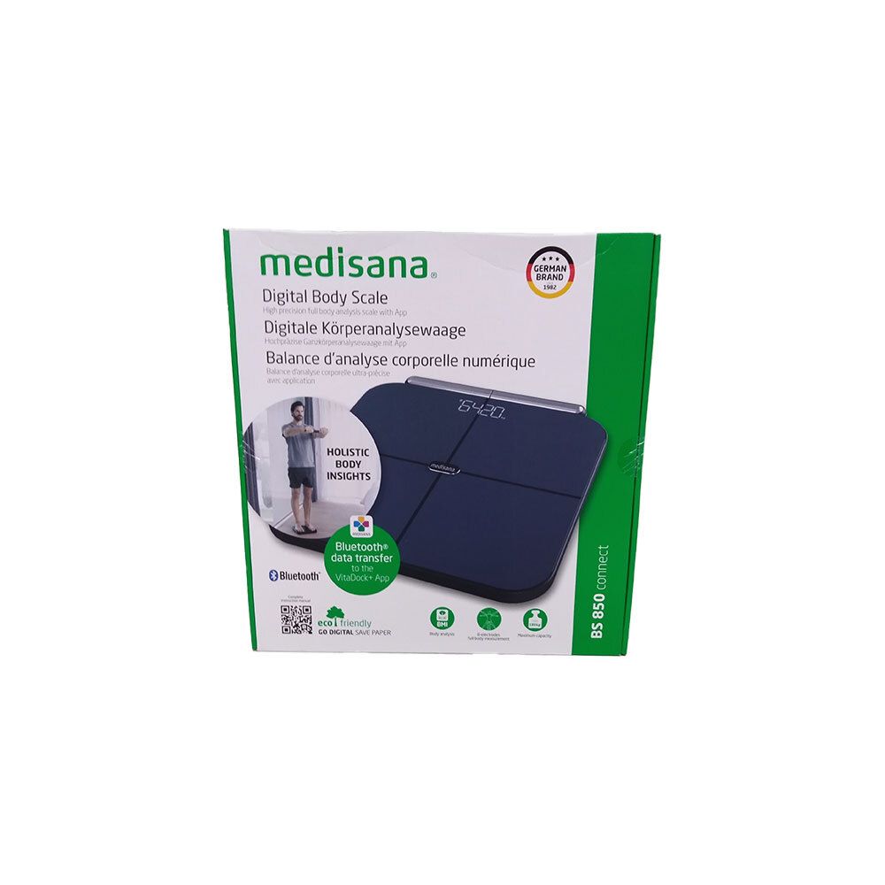 Verpackung der medisana BS 850 Connect Körperanalysewaage. Aufschrift: Digital Body Scale, Bluetooth, German Design Award.