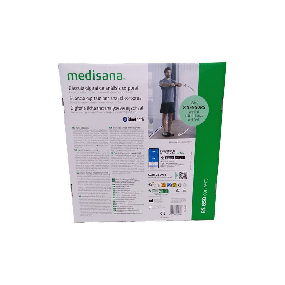 Rückseite der Verpackung der medisana BS 850 Connect. Text in mehreren Sprachen, QR-Code, Bluetooth-Logo.