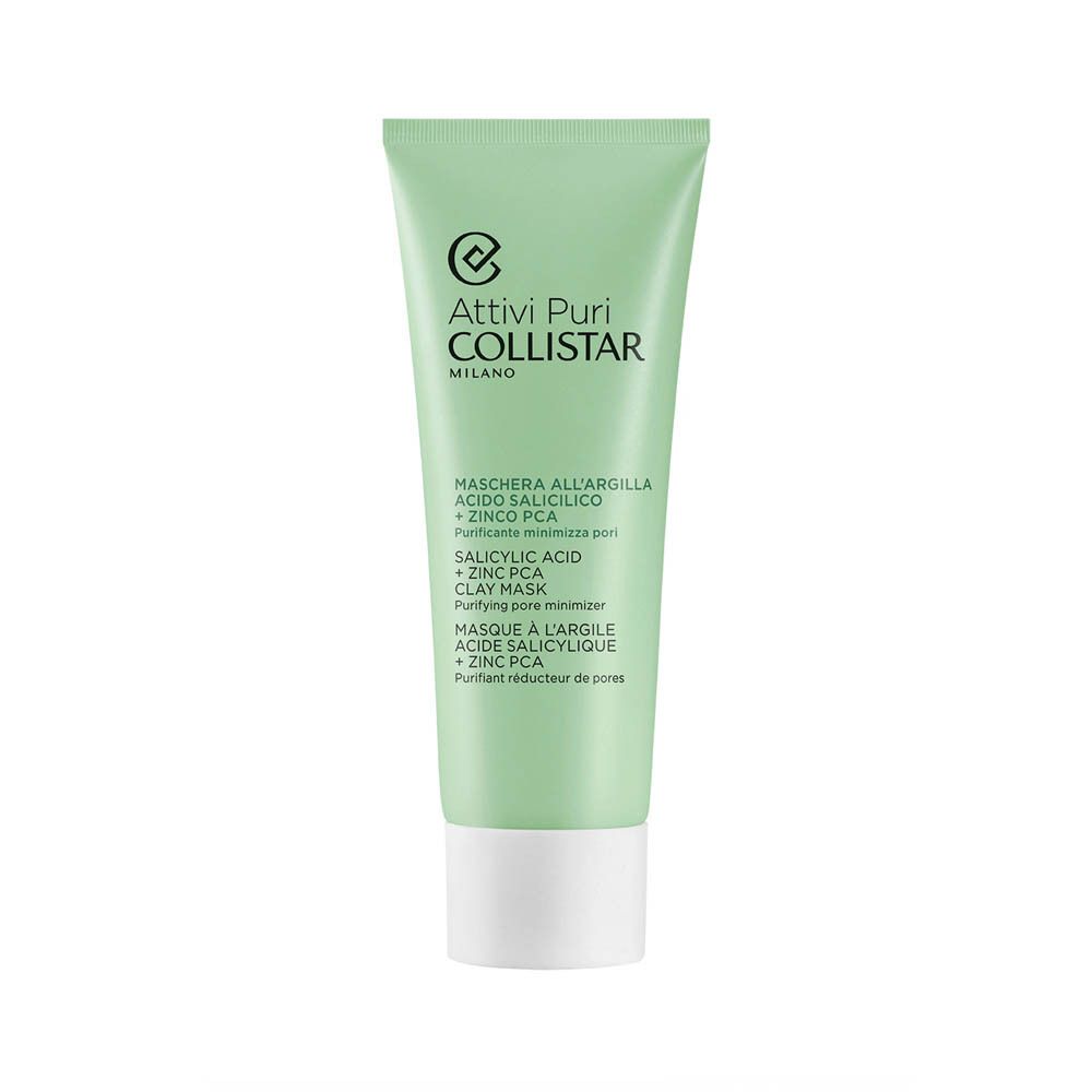 Tube vert avec nom du produit et logo. Texte : Maschera all'Argilla, Acido Salicilico + Zinco PCA. Marque : Collistar.