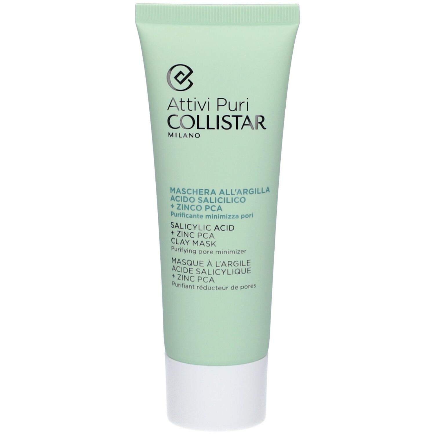 Tube vert avec nom du produit et logo. Texte : Maschera all'Argilla, Acido Salicilico + Zinco PCA. Marque : Collistar.