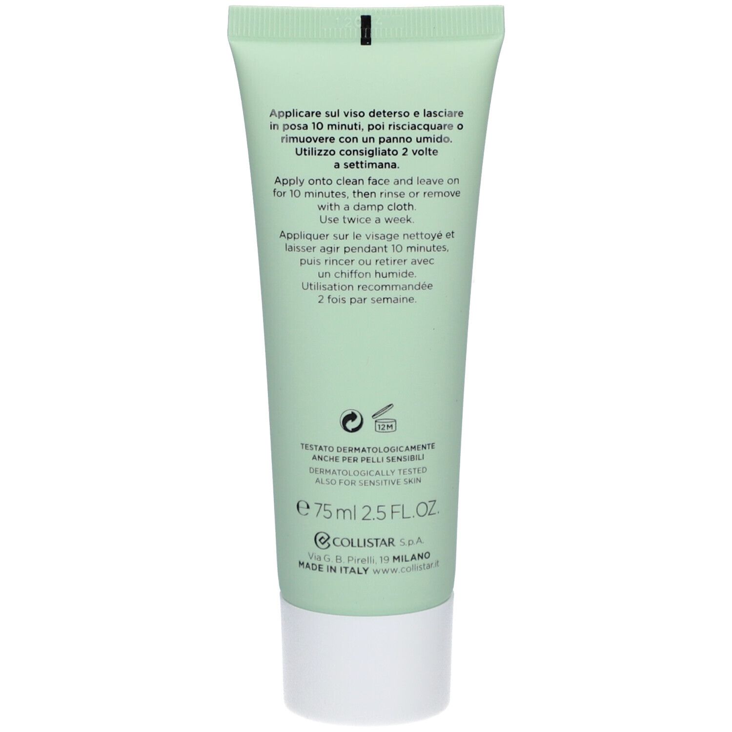 Dos d'un tube vert. Texte : Instructions d'utilisation en plusieurs langues. Volume : 75 ml. Marque : Collistar.