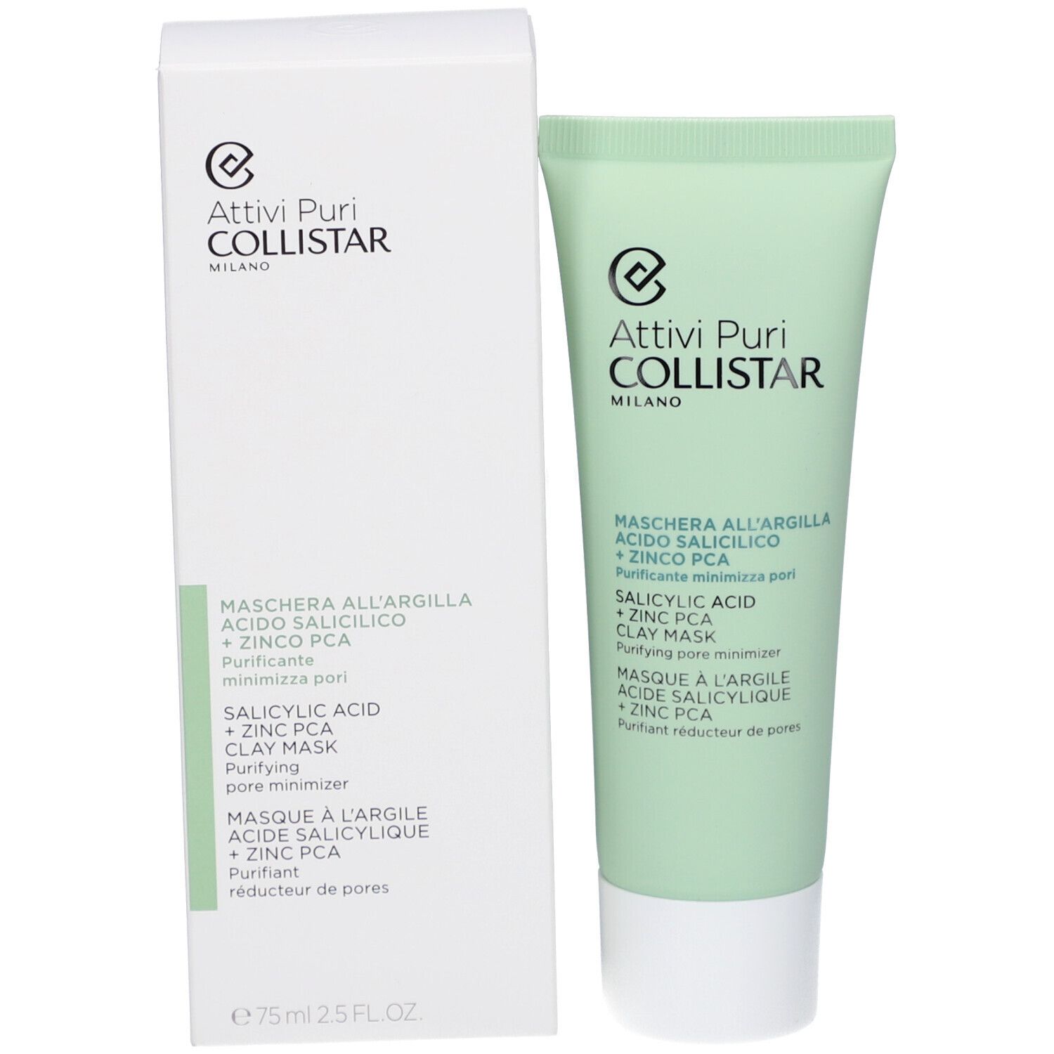 Emballage du produit avec tube et boîte. Tube vert, boîte blanche. Texte : Maschera all'Argilla, Acido Salicilico + Zinco PCA. Marque : Collistar.