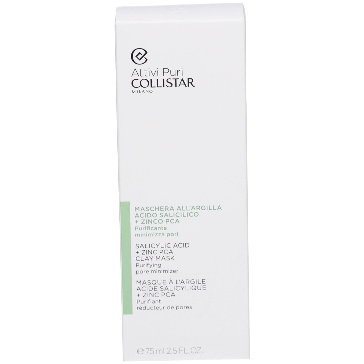 Emballage produit blanc. Texte : Maschera all'Argilla, Acido Salicilico + Zinco PCA. Marque : Collistar.