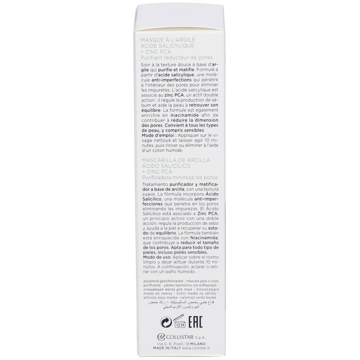 Emballage du produit, vue détaillée. Texte : Instructions d'utilisation et ingrédients. Marque : Collistar.